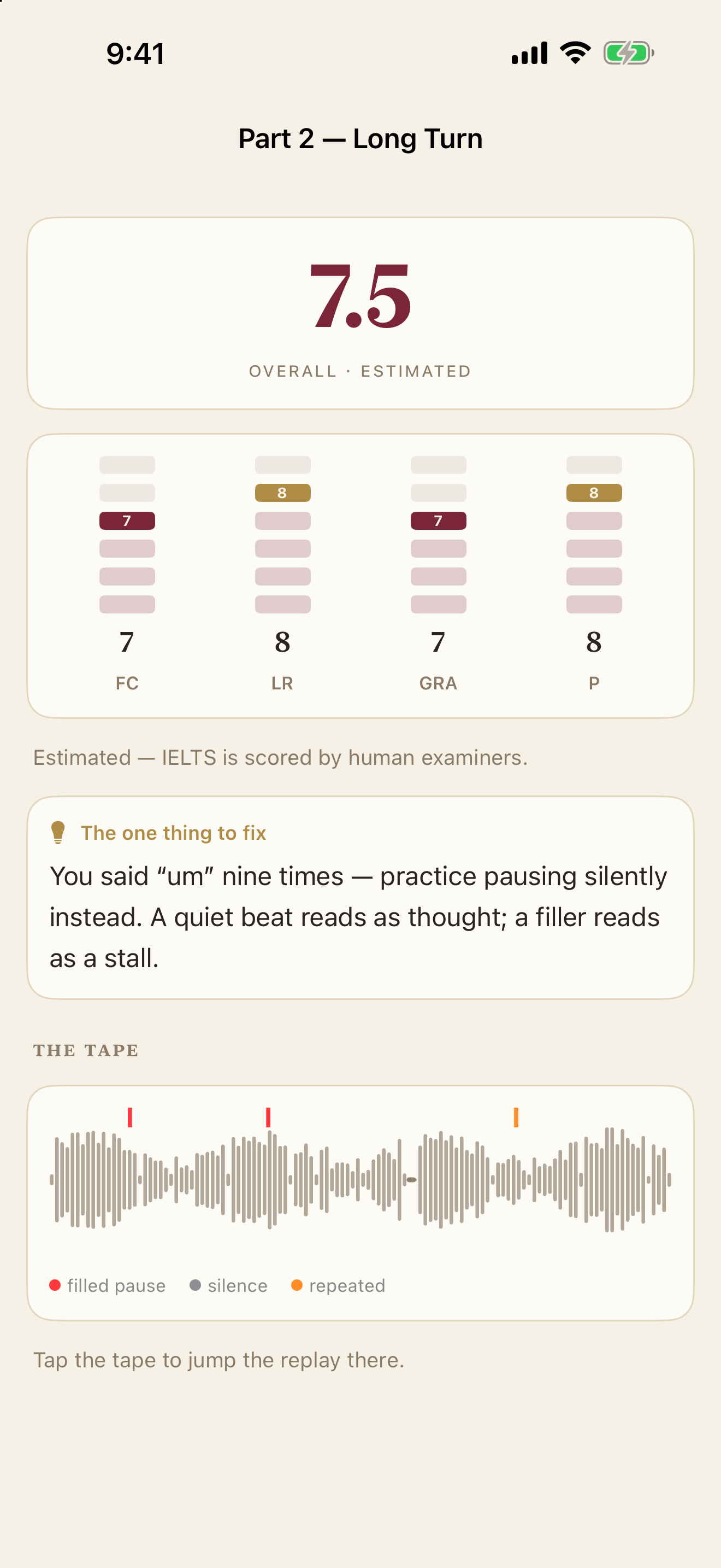 Fluent9 result screen showing an estimated overall Band 7.5