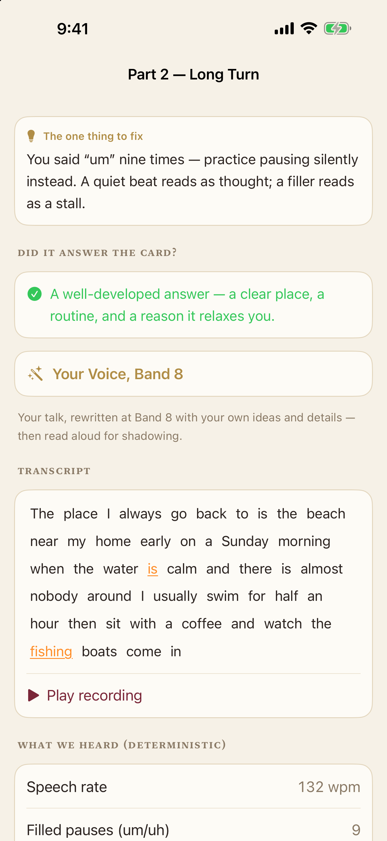 Fluent9 coaching screen showing one actionable tip and a transcript