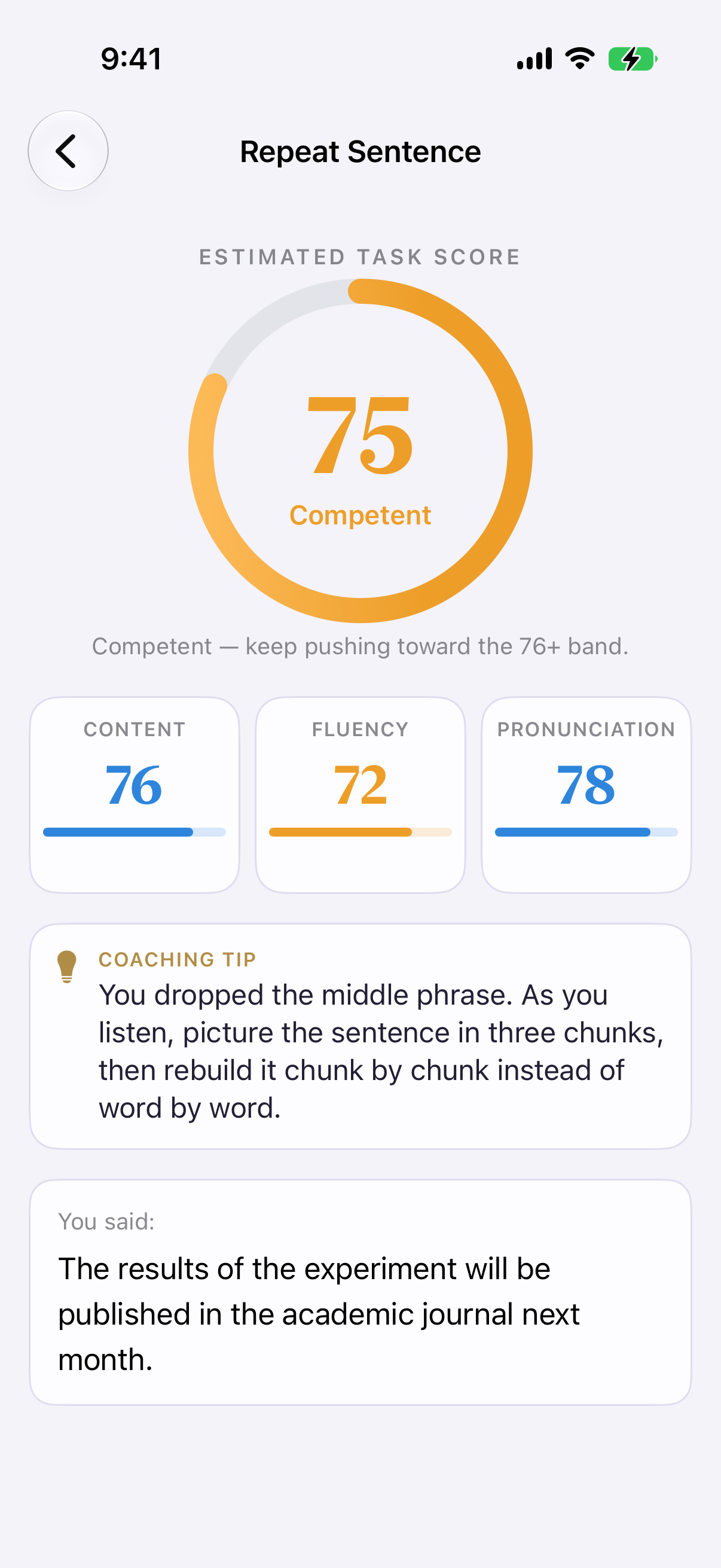 Fluent79 coaching screen showing one actionable tip and the aligned passage